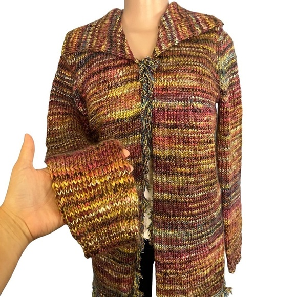 3/$30 🍂 Ponsesa Retro Multicolored Boho Fringe Open Front Duster Cardigan - Picture 3 of 11